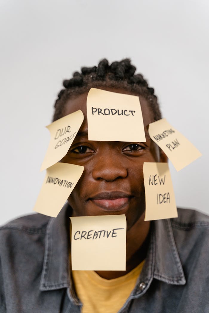 The Art of Drawing Readers In: Your attractive post title goes here Creative representation of brainstorming ideas with sticky notes on man's face for innovation and planning.